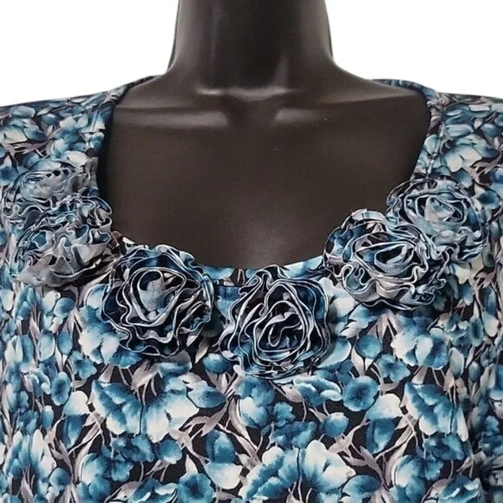 Kim Rogers Womens Floral Blue & Black Long Sleeve Tunic Top With Rosette Necklin - Picture 2 of 4